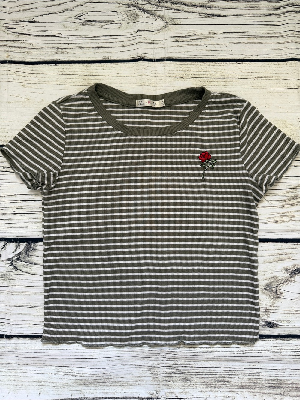 ♡ Heart and Hips Striped Olive & White Ribbed Tee with Rose Embroidery S